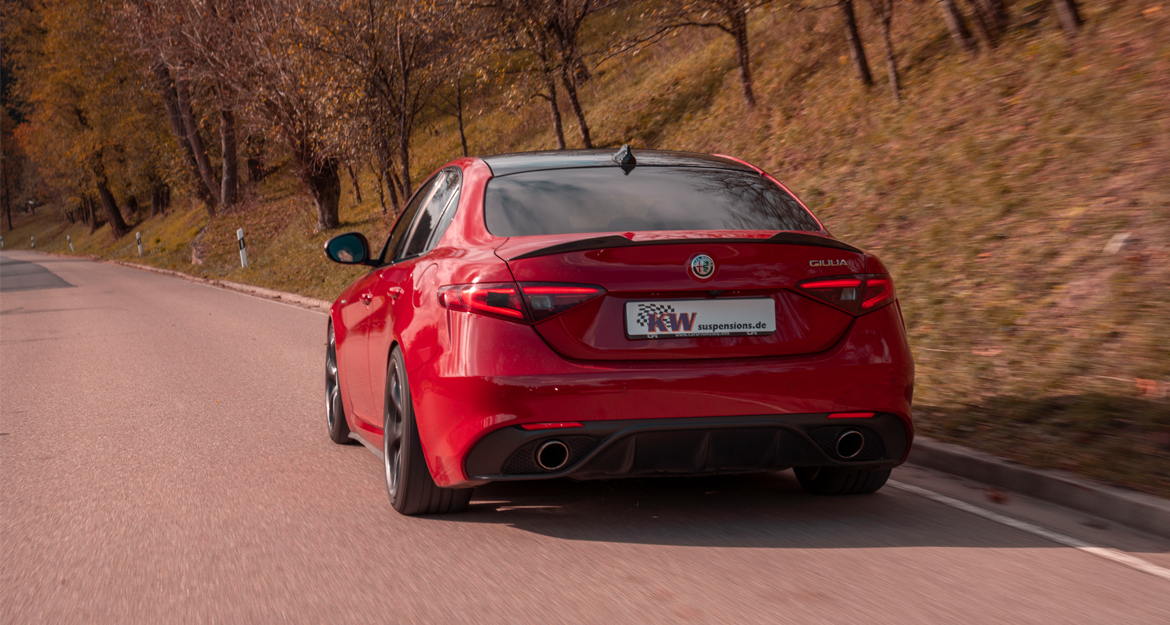 The KW coilover suspension variant 3 makes an Alfa Romeo Giulia with or without four-wheel drive much more sporty.