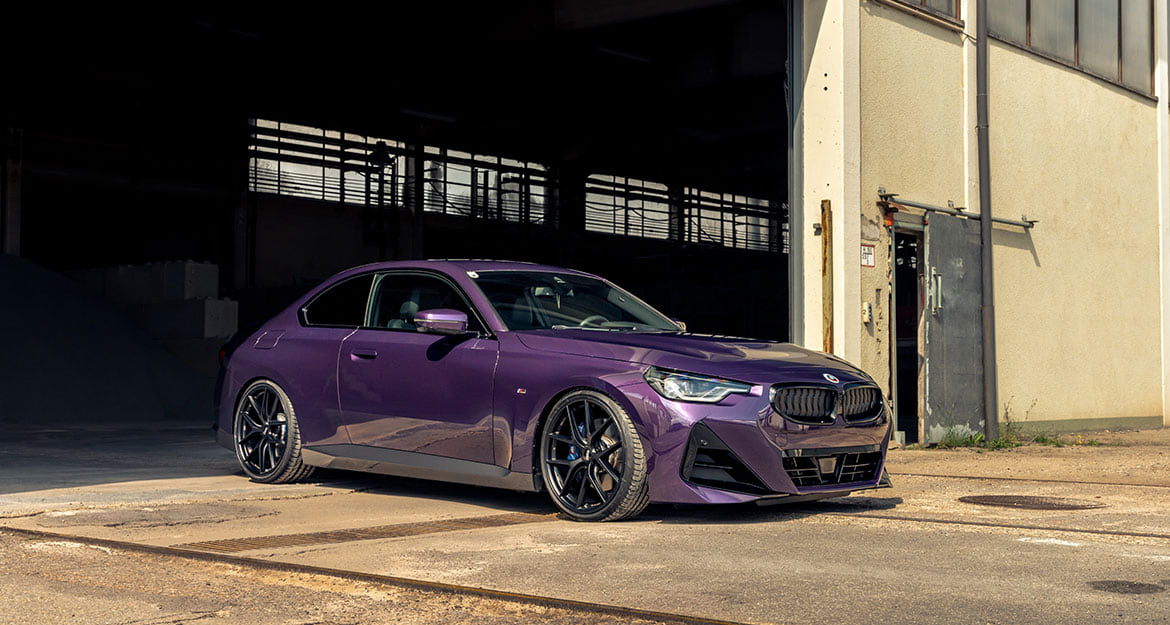 Our 2-series BMW 220d in Thundernight Metallic with KW coilovers inside looks awesome