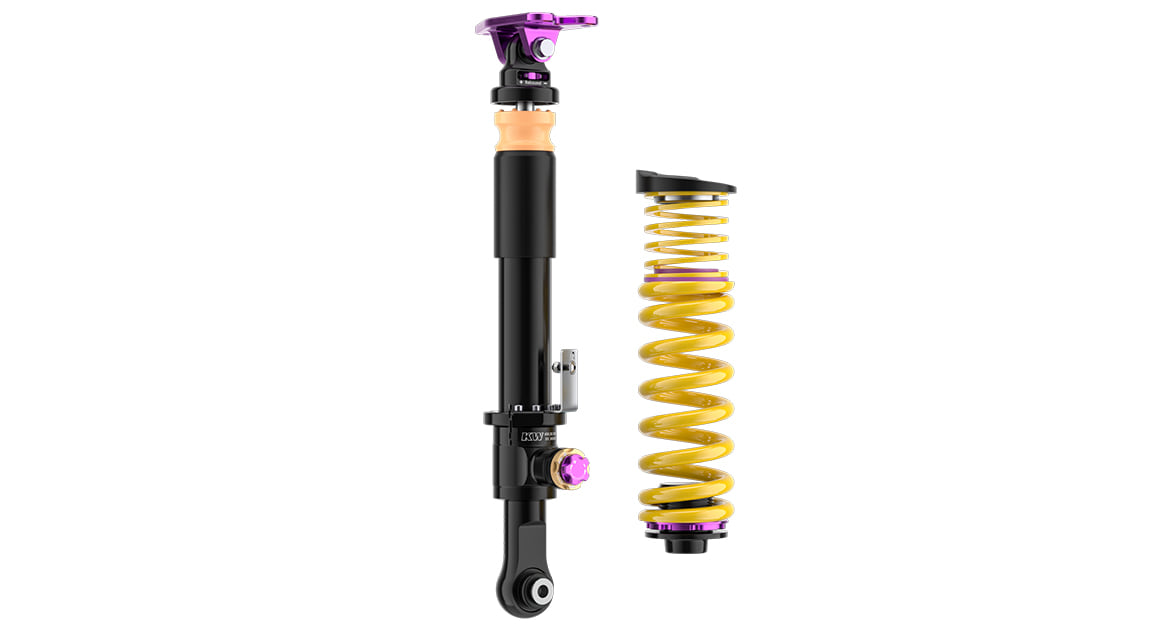 No external reservoir is used on the rear axle of the KW V4 Clubsport. The separately adjustable low-speed and high-speed compression valves are mounted on the side of the damper.