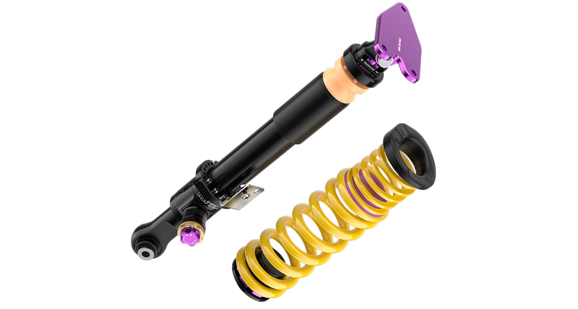 The adjustment of the individual damper setup is made directly via the purple and gold colored adjusters on the damper with 14 clicks for the high-speed compression stage and 13 clicks for the low-speed compression stage. The rebound damping is adjusted on the integrated click wheel on the piston rod.