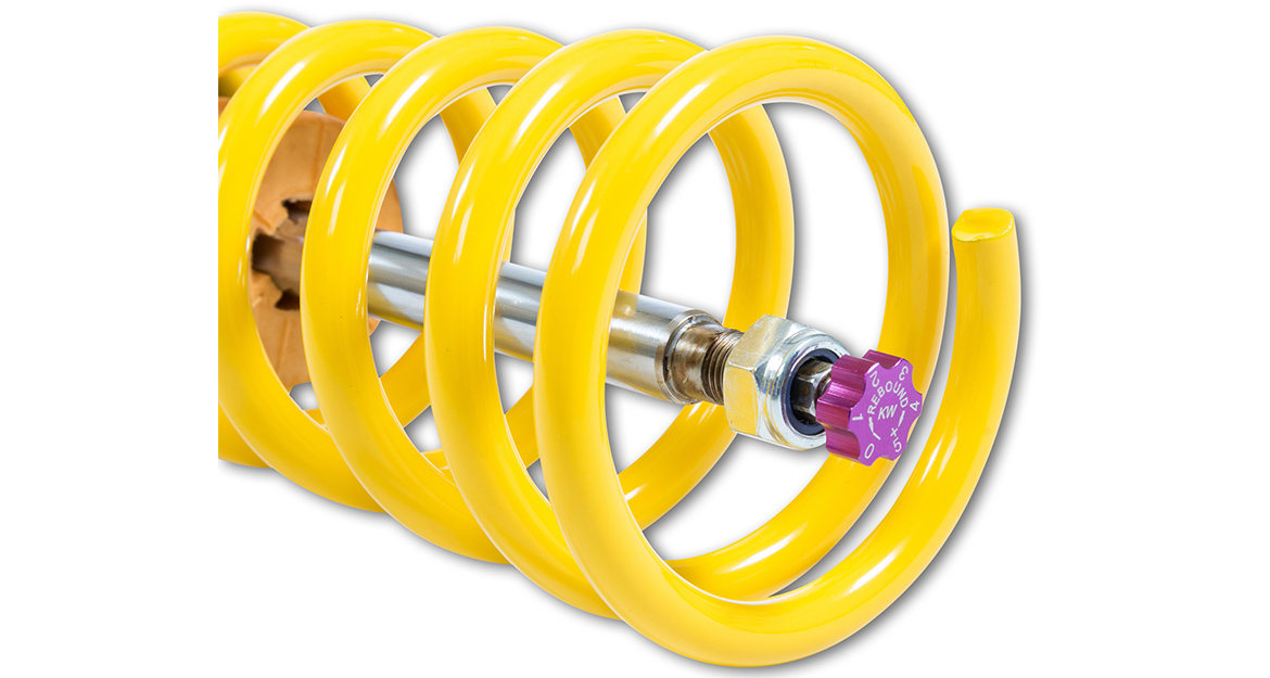 Adjustment of the rebound forces is made via the adjuster wheel on top of the piston rod.