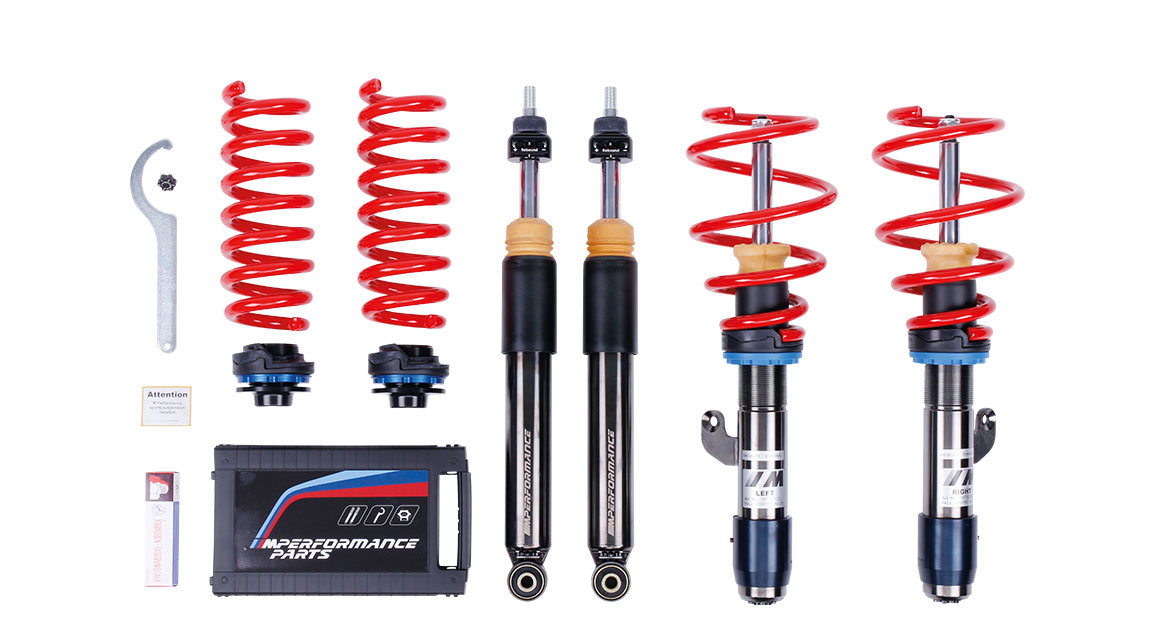 BMW M suspension components differ from the well-known KW coilover suspension kits as they have a different spring color and an adjusted lowering range.