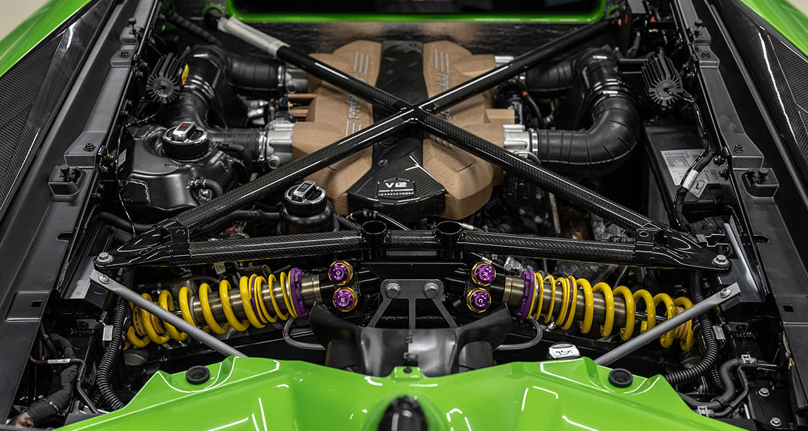 Both KW V5 coilovers installed in the Lamborghini Aventador