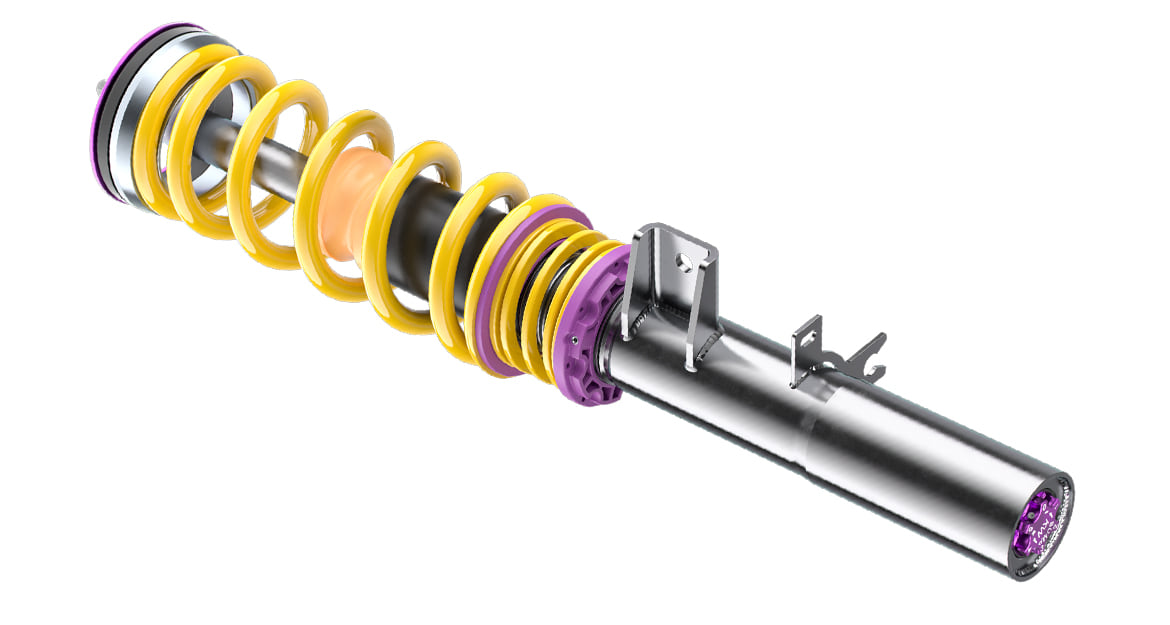 The KW shock absorbers used in the KW V3 coilover suspension are set up with adjustable compression and rebound valves.