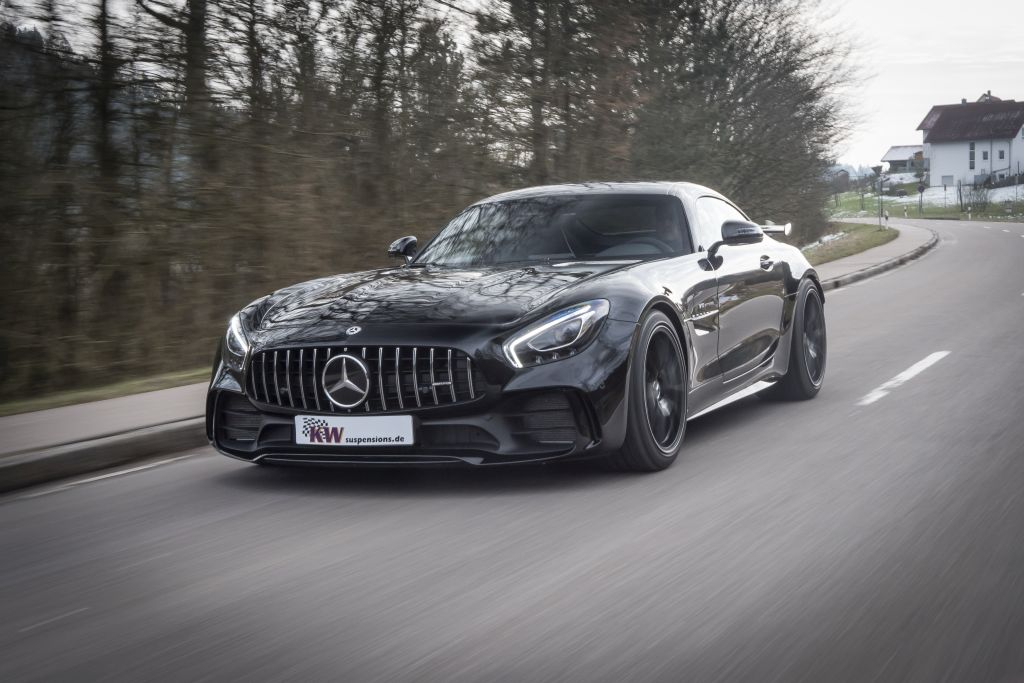 Black Mercedes-AMG GT R with KW Gewindefahrwerk Variant 4 on country roads