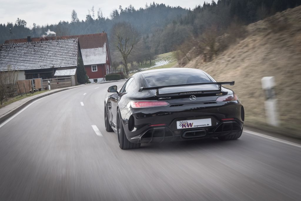 KW Variant 4 equipped Mercedes AMG GT R on the roads