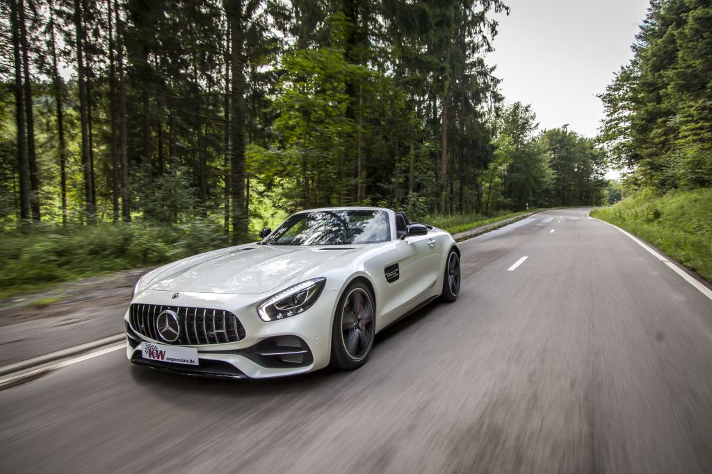 Mercedes-AMG GT (Type 197) with KW coilover suspension kit in the forest. 