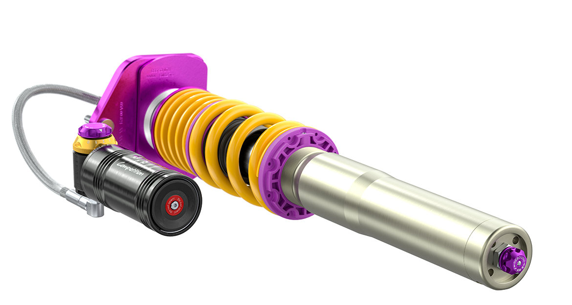 Due to the high stress and forces generated on the 991.2, KW manufactures the MacPherson front axle struts of the Manthey-Racing Clubsport coilover suspension with three-way adjustable KW damper cartridges in an upside-down (inverted mono-tube) design configuration.