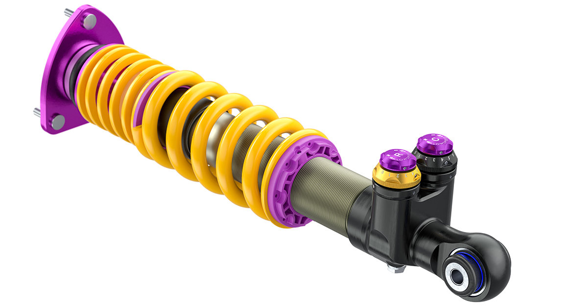 On the rear axle, KW uses four-way adjustable KW Twin-Tube dampers with solid pistons. The use of a reservoir or piggy pack is not necessary here and the compression and rebound valves connected in series are separated from the damper working piston.